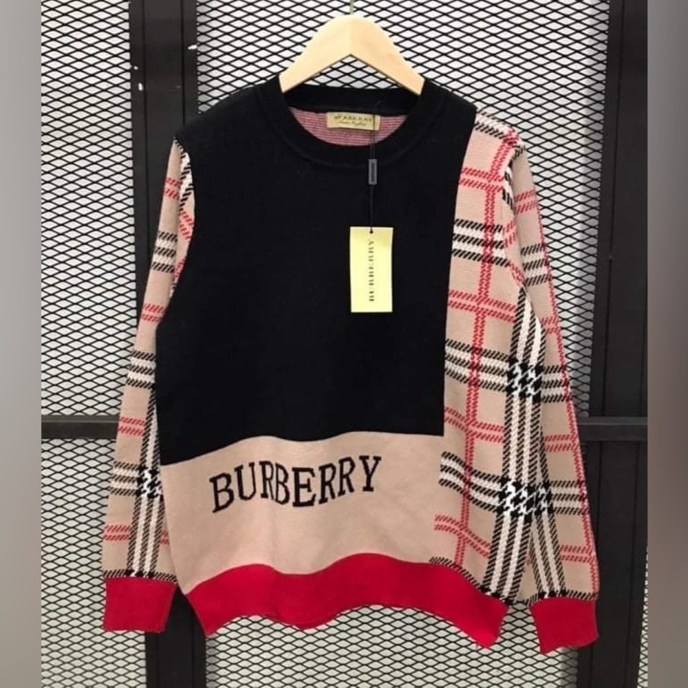 Black and Beige BB Checkered Sweater with Red Accents